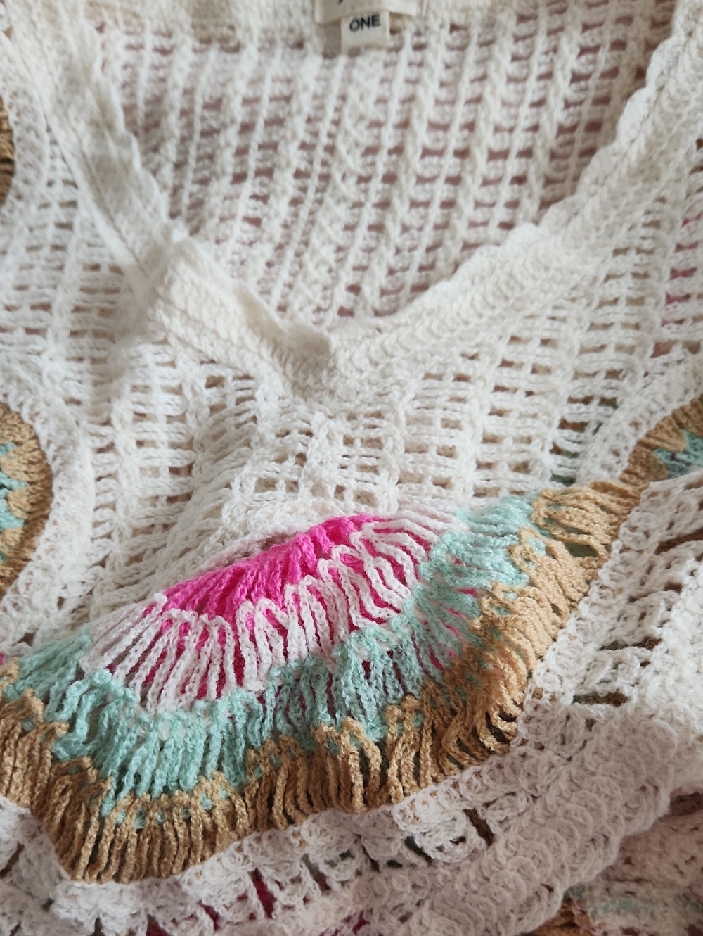 POL Women's V-Neck Sweater in Cream with Mint and Pink Accents